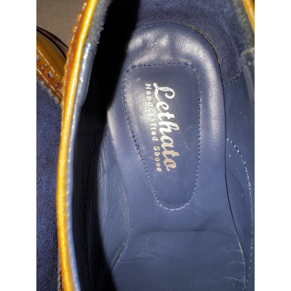 Lethato Wing Tip Oxford Brogue Shoes Men 9.5/10 Brown Navy Leather Lace Up - Picture 6 of 11